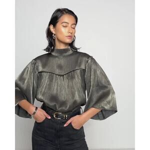NWT Nation Metallic Gold 3/4 Sleeve Blouse Women's Size Small Pleated Detail